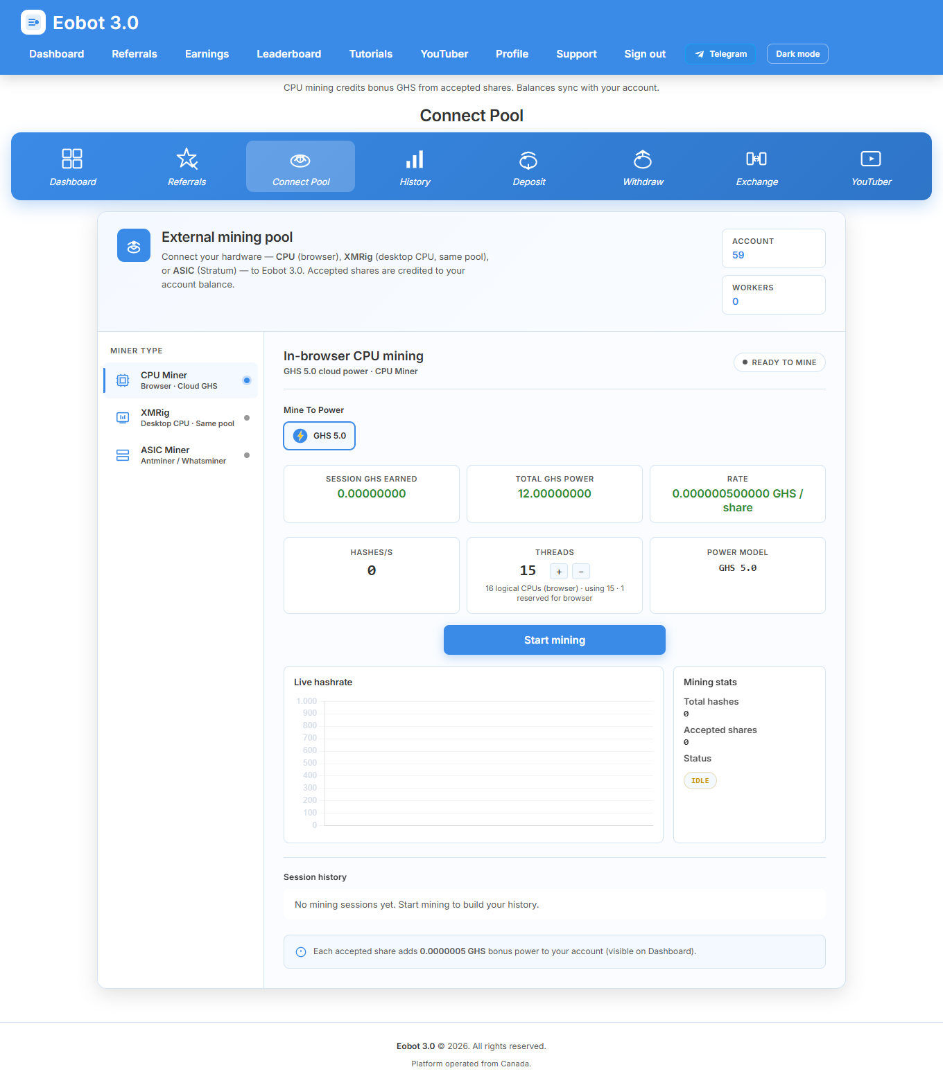 Connect Pool browser miner page