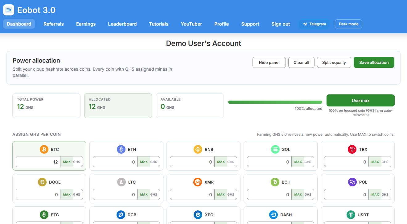 Power allocation panel on dashboard