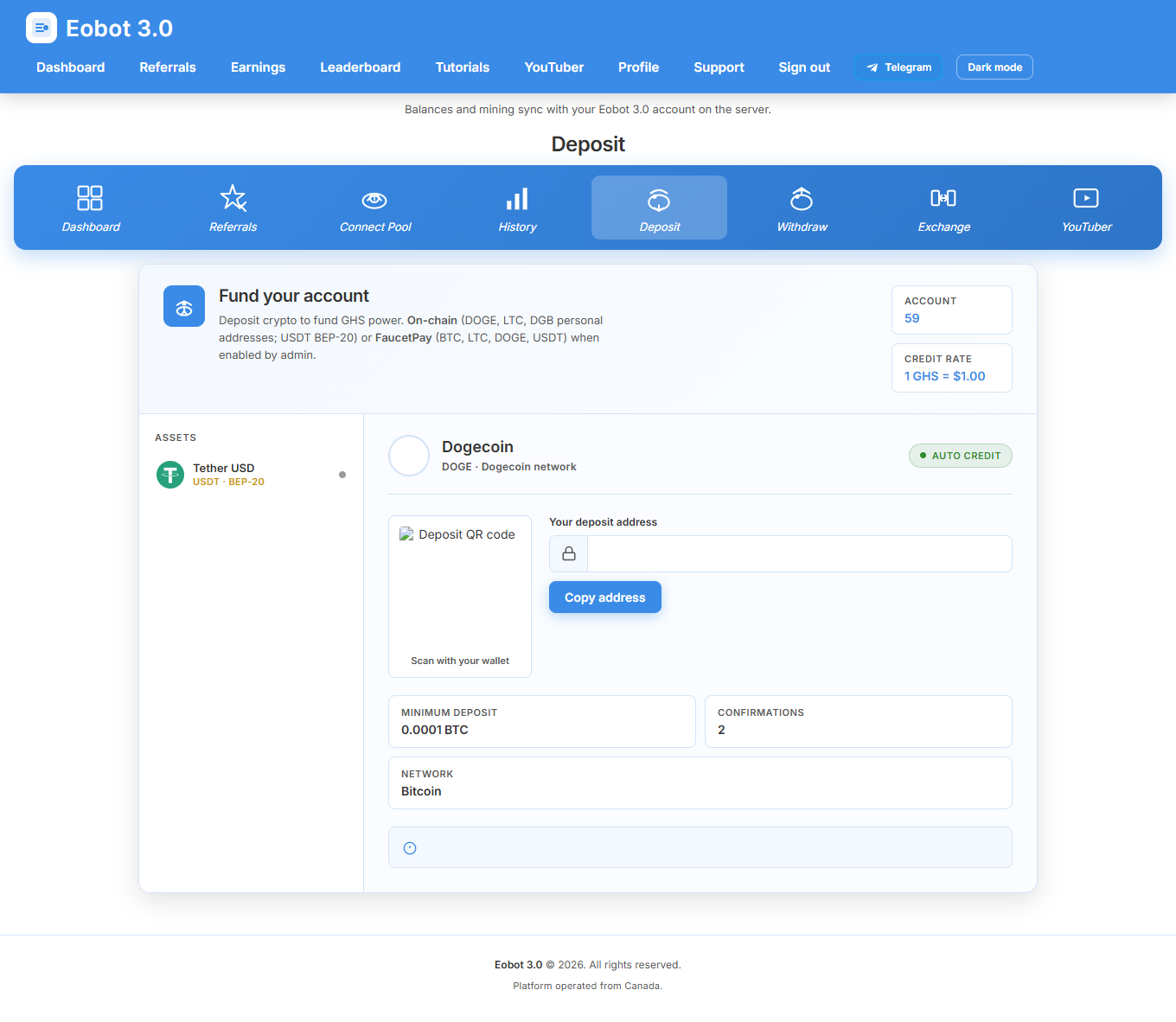 Deposit page with coin selector and address
