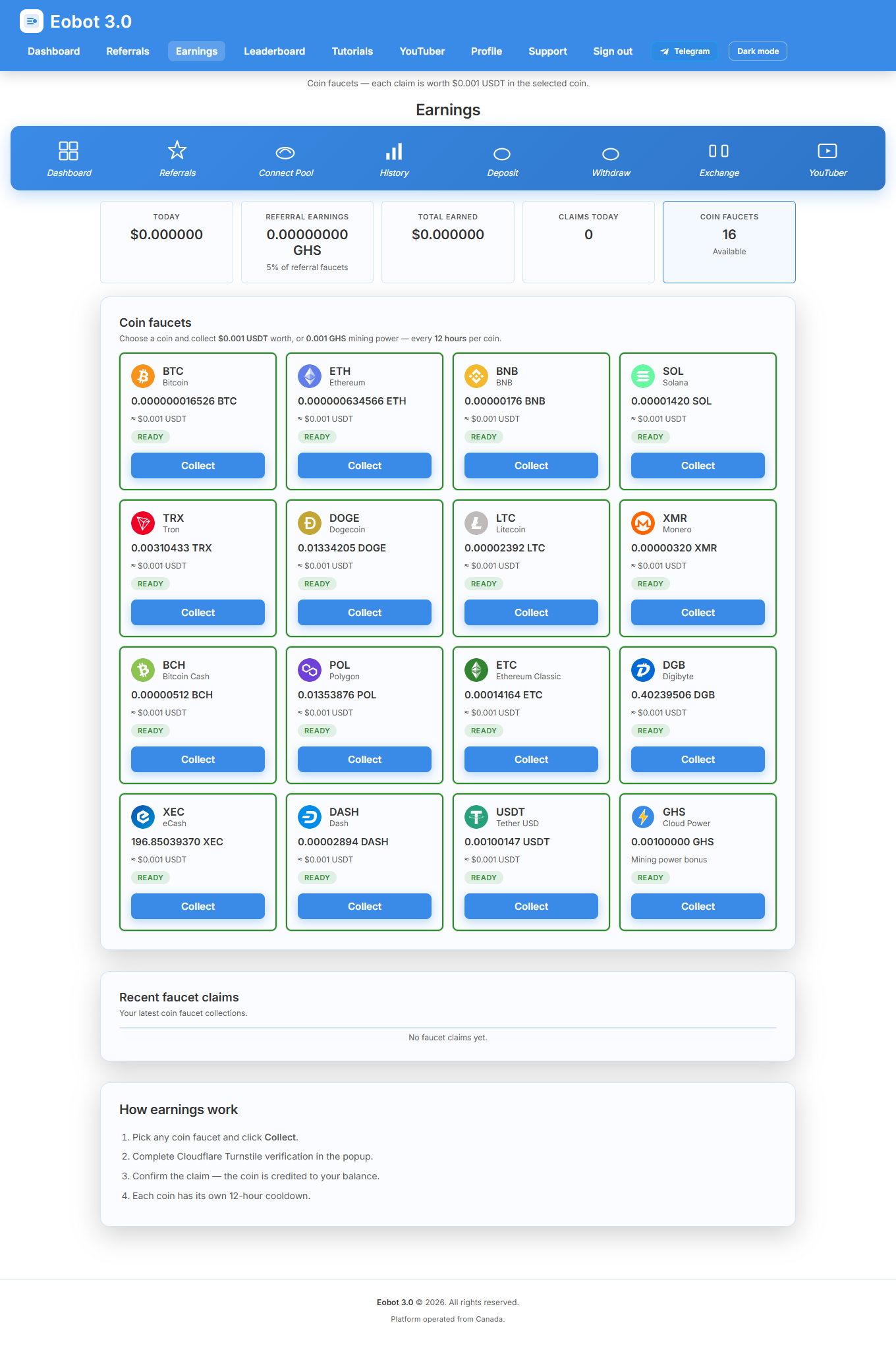 Coin faucets on the Earnings page