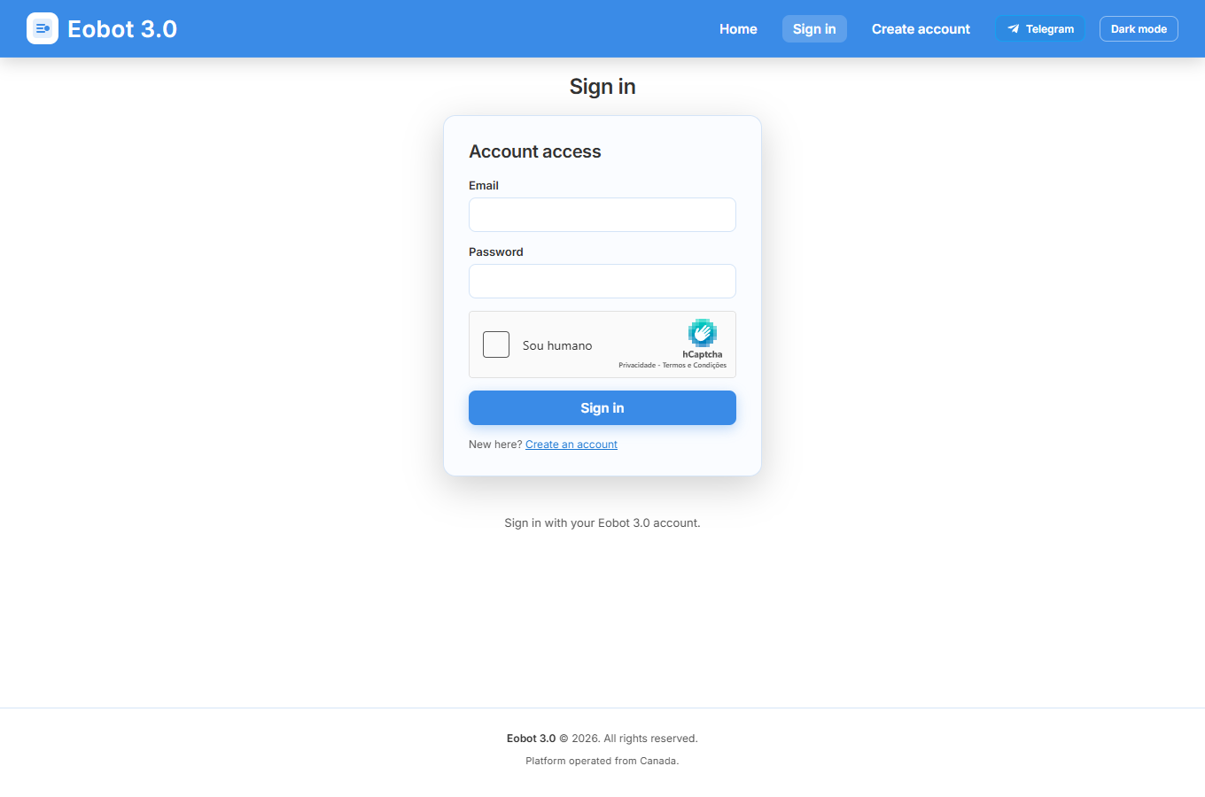 Sign in page on Eobot 3.0