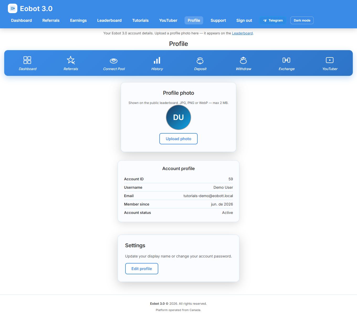 Profile settings page