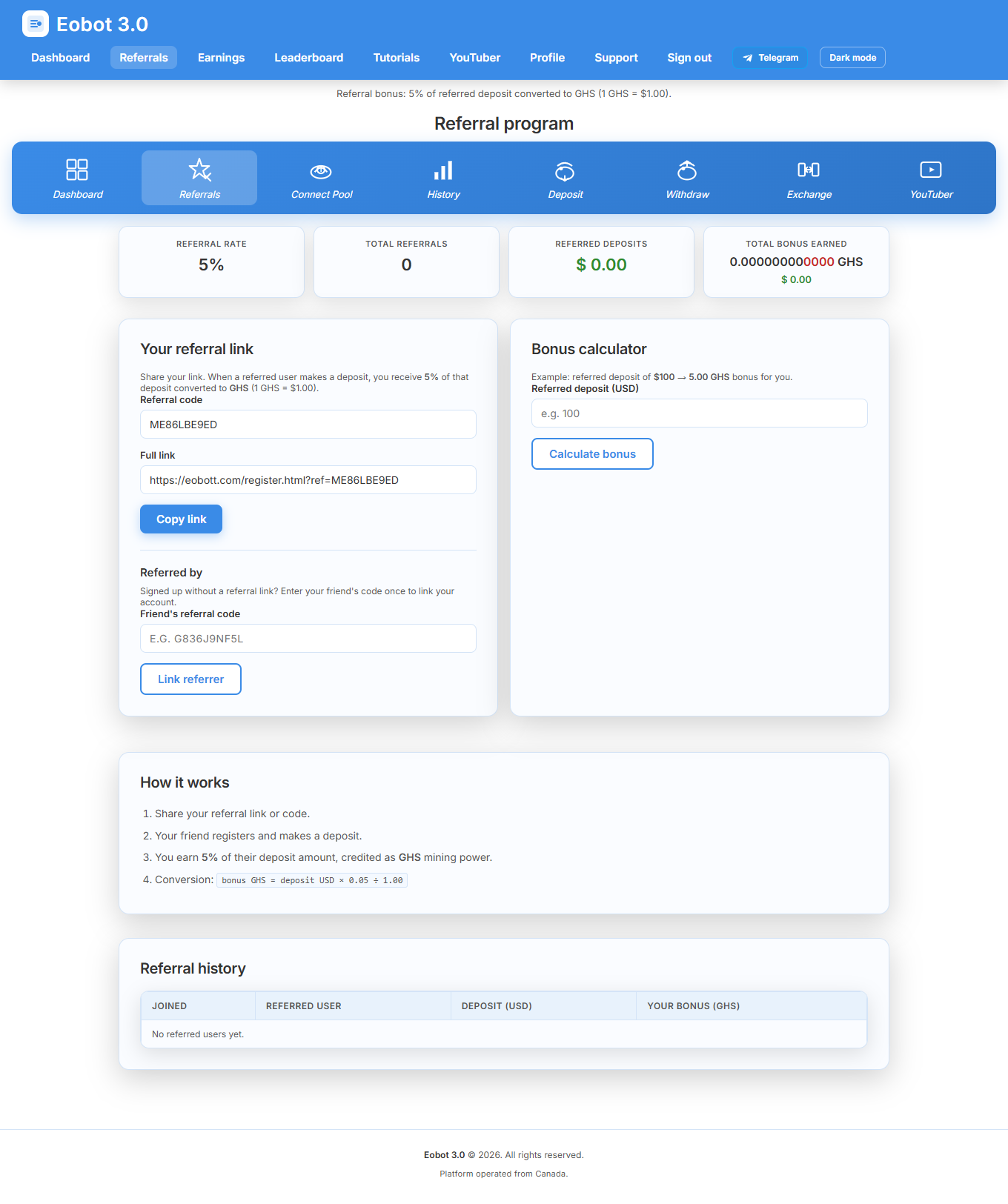 Referral link and stats