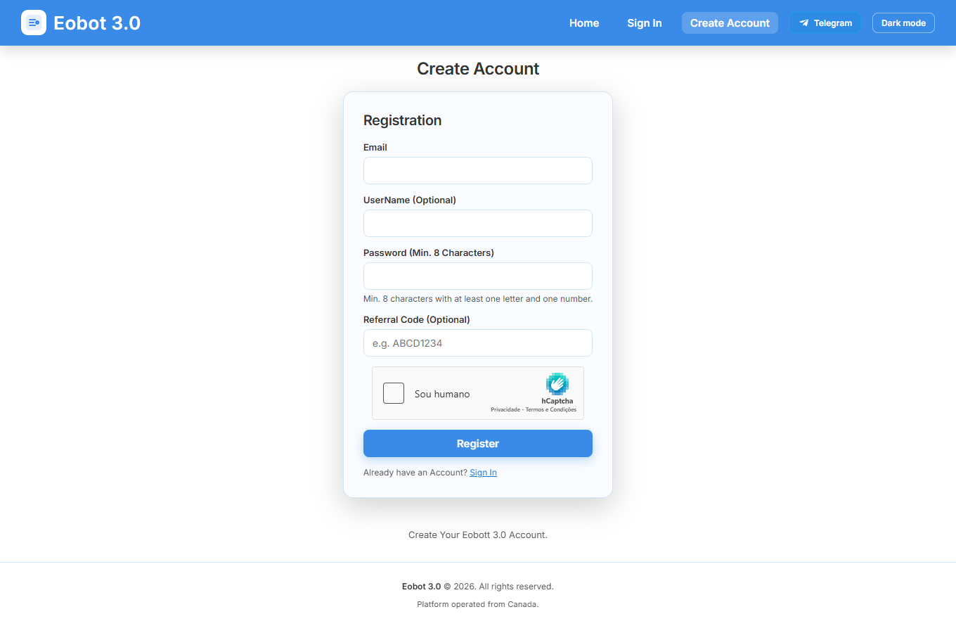 Register page on Eobot 3.0