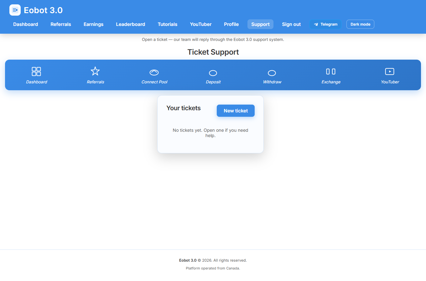Support tickets page