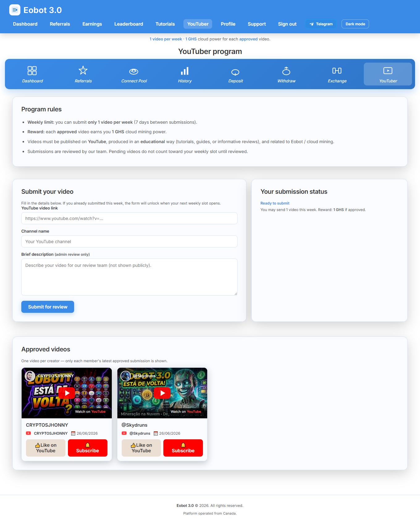 YouTuber submission and gallery